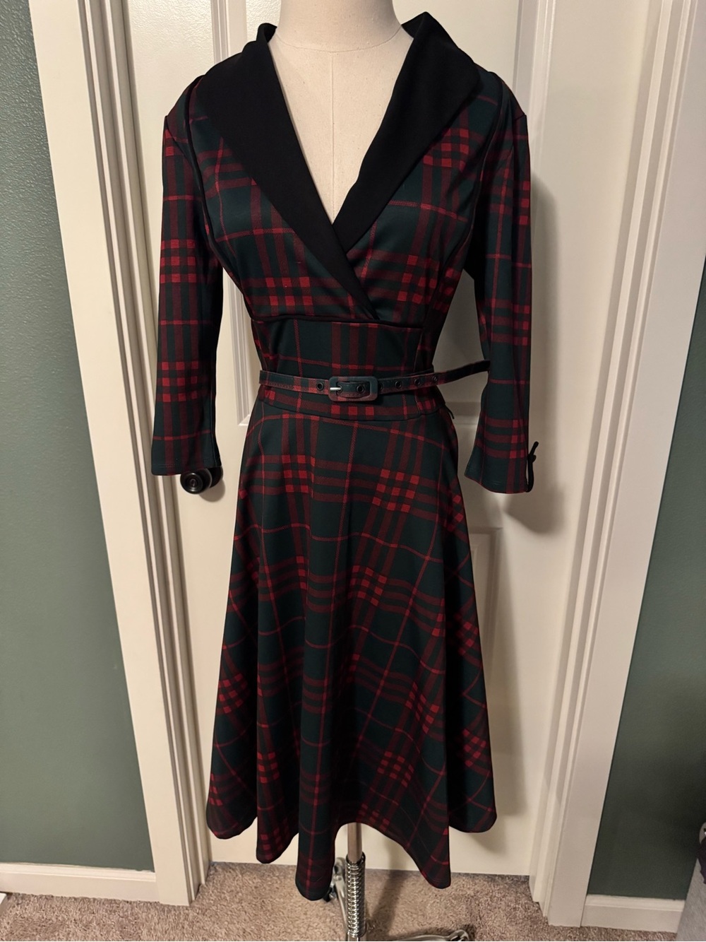 Unique Vintage Plaid Wrap Dress with Belt in Black and Red